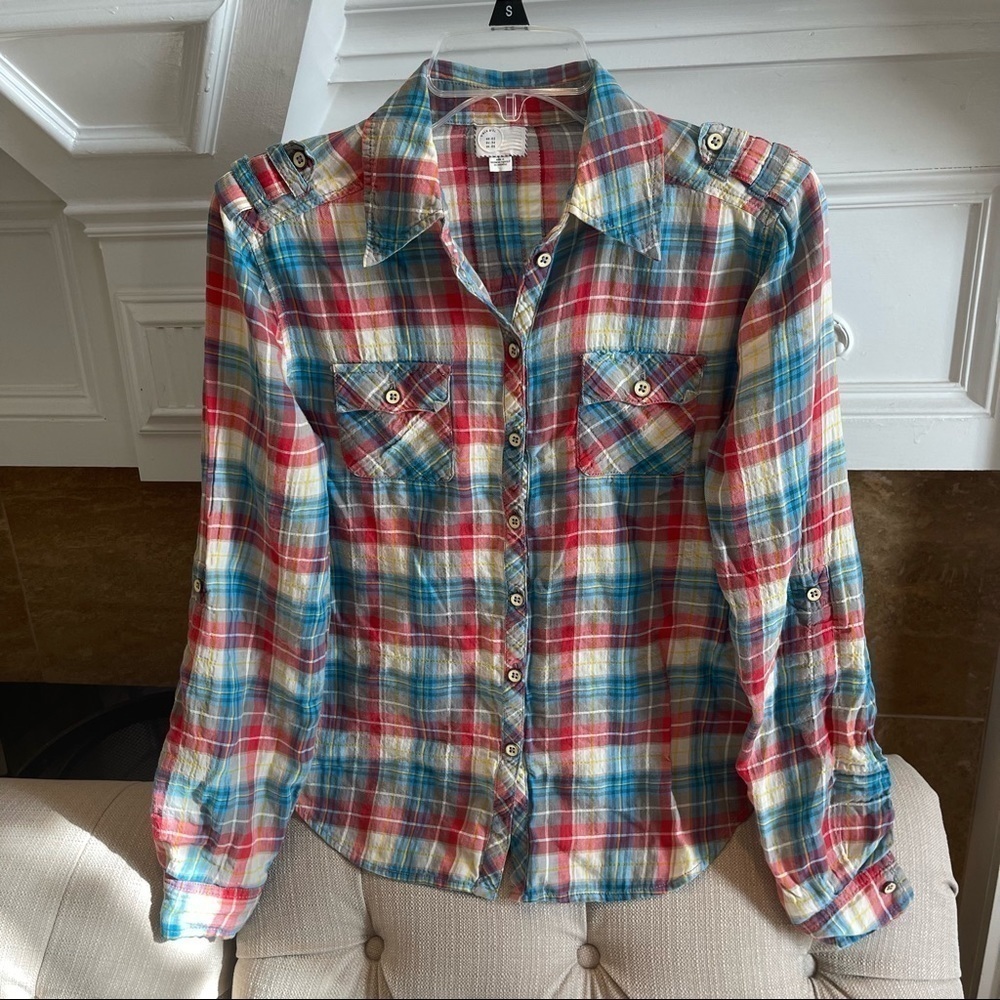 AP: Anthropologie Multicolor Fairweather Plaid Long Roll Sleeve Top Sz 2